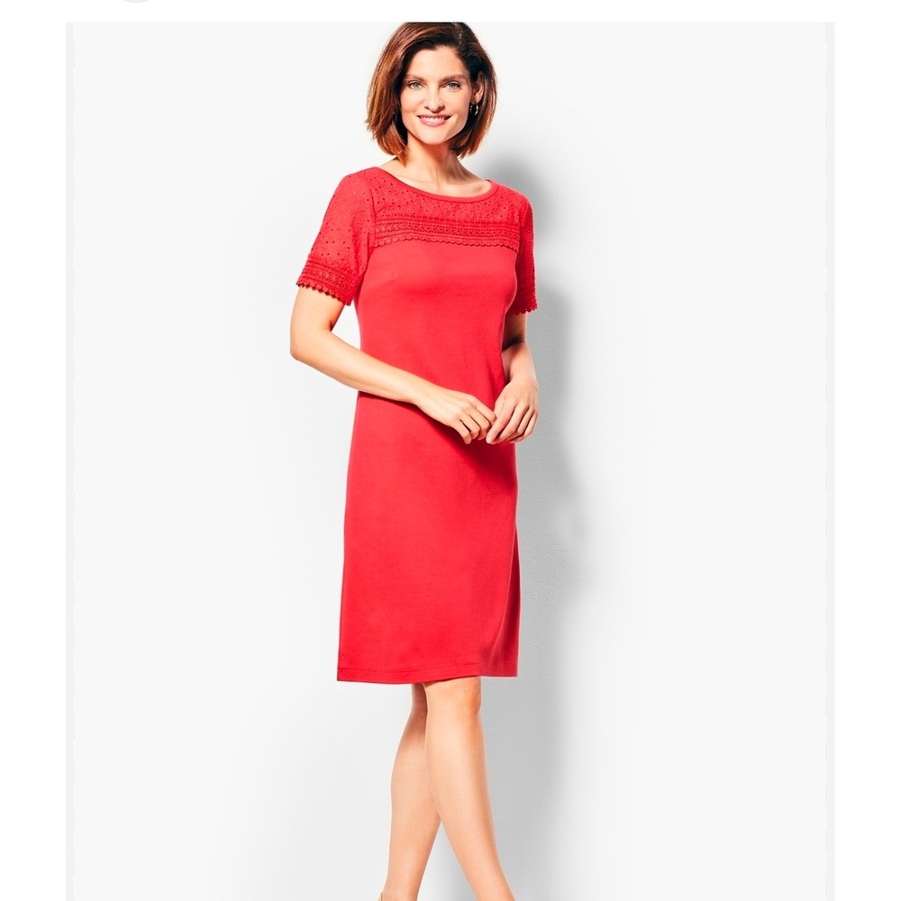 Talbots Petites Coral Red Eyelet‎ Lace Short Sleeve Shift Dress LP